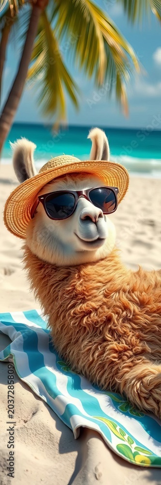 Fototapeta premium Relaxed llama lounging on beach towel with sunglasses and fedora, peaceful, sun