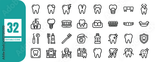 Dental care editable icons set for oral health and hygiene