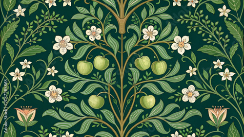 a symmetrical botanical seamless pattern featuring stylized apple trees, white blossoms, and green leaves set against a deep, dark forest-green background.