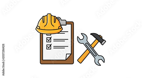 Construction Checklist Clipboard with Hard Hat, Hammer, and Wrench - Safety and Maintenance Concept