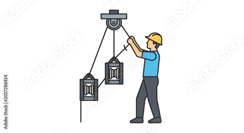 Fotografía Worker operates pulley system with two loads, illustrating mechanical advantage