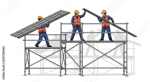 Construction workers building house frame on scaffolding