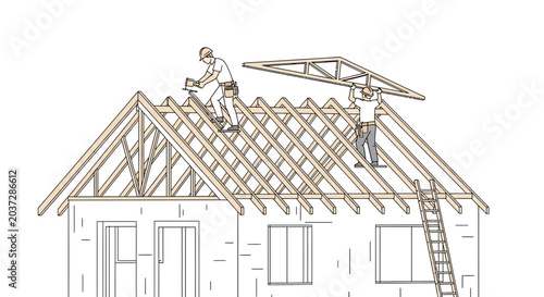 Construction workers installing roof trusses on a house under construction