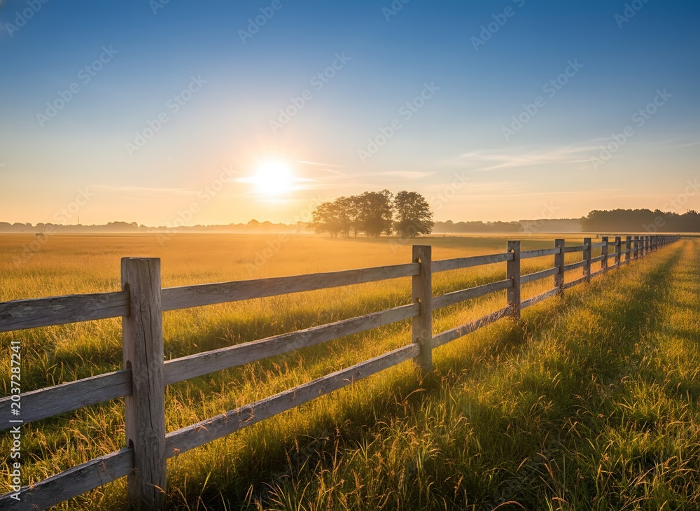 Fototapeta premium Fence in a Field at Sunset with Trees
