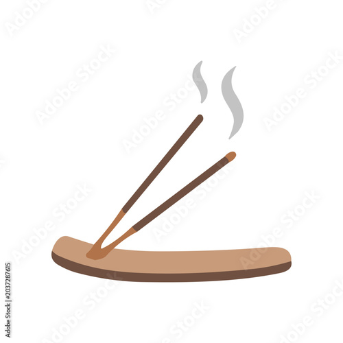 Photos Incense sticks on wooden holder burning.