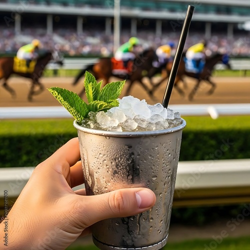 hand holding a classic Mint Julep with bourbon, mint, and sugar, served in a silver cup with crushed ice, in a horse race