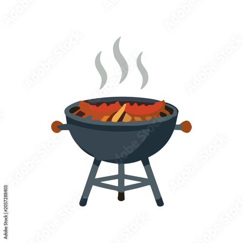 Photos Grill with sizzling meat on fire.