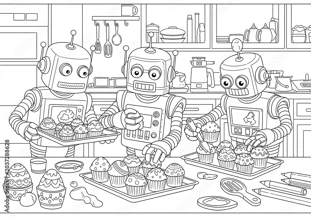 Obraz premium Coloring Page Robots Baking Cupcakes and Easter Eggs