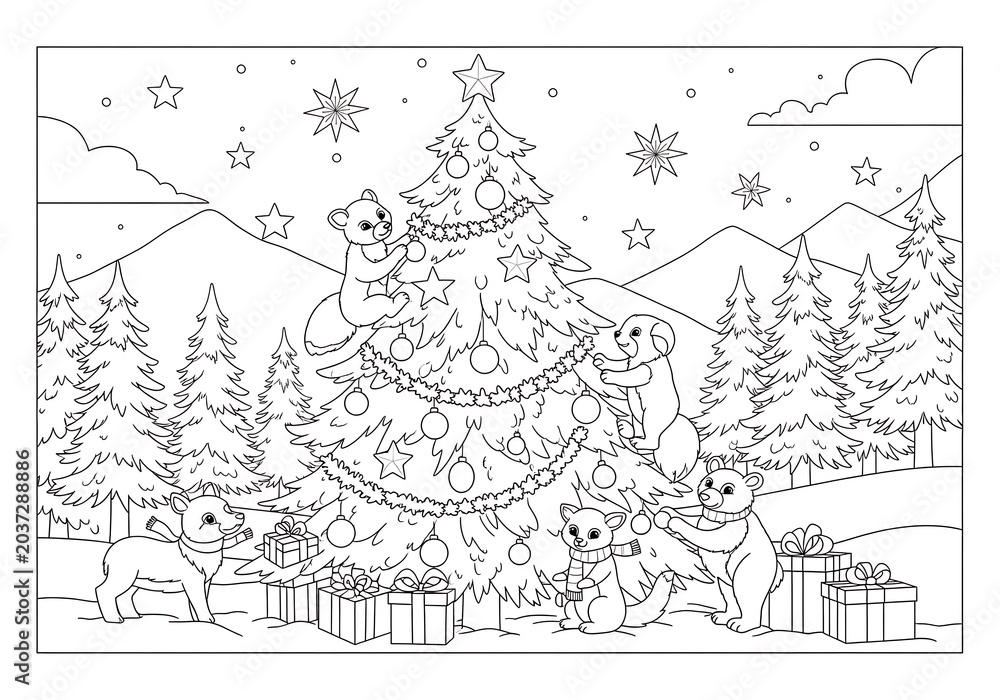 Naklejka premium Christmas Tree Coloring Page with Animals Decorating