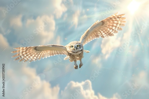 cute baby owl flying through sky with clouds, soft light rays, fantasy yet realistic detail, bright and cheerful mood