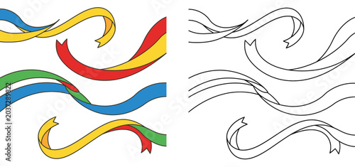 Tableau sur toile Waving colorful ribbon banners set with corresponding black and white outline ve