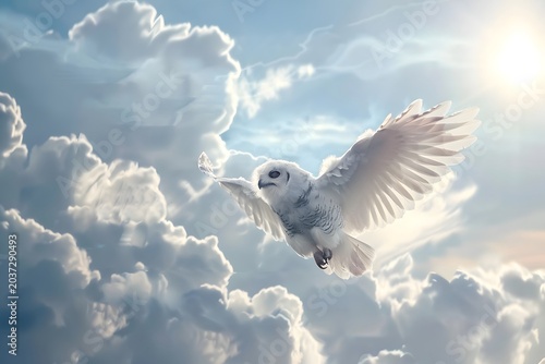 cute baby owl flying through sky with clouds, soft light rays, fantasy yet realistic detail, bright and cheerful mood
