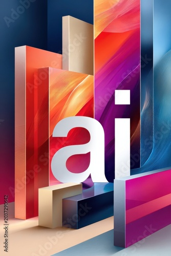 Glowing AI letters in colorful abstract 3D digital artwork representing artificial intelligence and modern technology