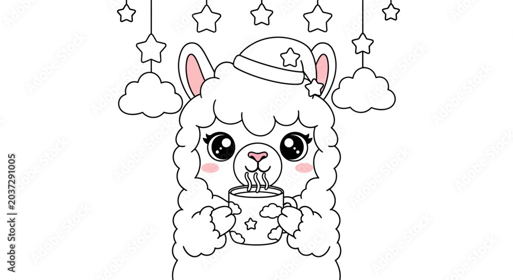 Fototapeta premium Cute cartoon alpaca wearing a sleep cap and holding a hot mug. Sweet line art illustration for a children's coloring page, featuring stars and clouds for bedtime.