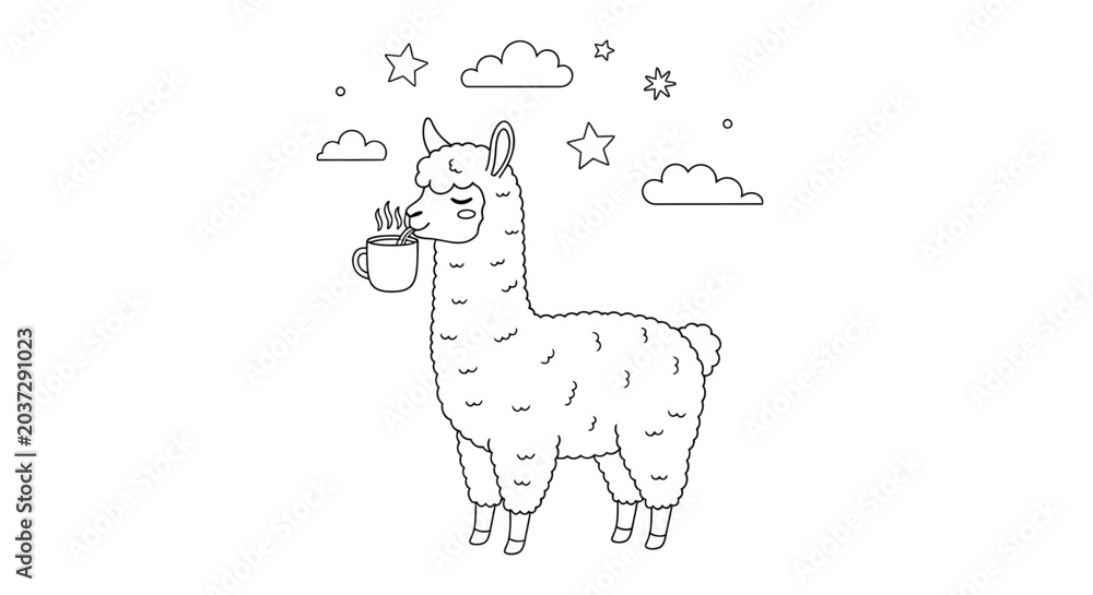 Fototapeta premium Cute llama with a cup of coffee and stars, outline drawing for coloring book, simple vector illustration