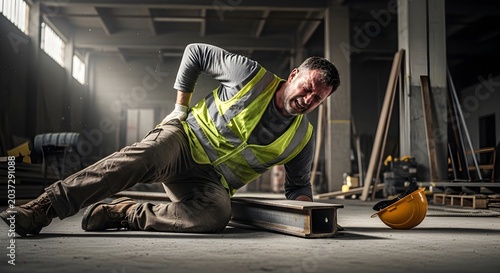 Injured worker in reflective vest clutching side on concrete floor near construction tool and hard hat, symbolizing workers compensation claim and workplace injury.