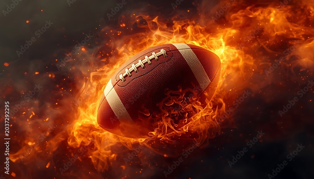 Fototapeta premium American football ball surrounded by intense realistic burning flames and heat with football competition athletic abstract