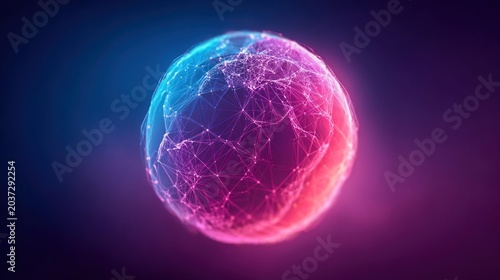Abstract glowing sphere with interconnected lines and nodes in neon blue and pink light