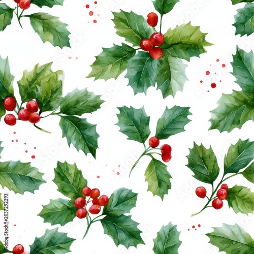 Watercolor holly leaves and berries seamless pattern for festive designs