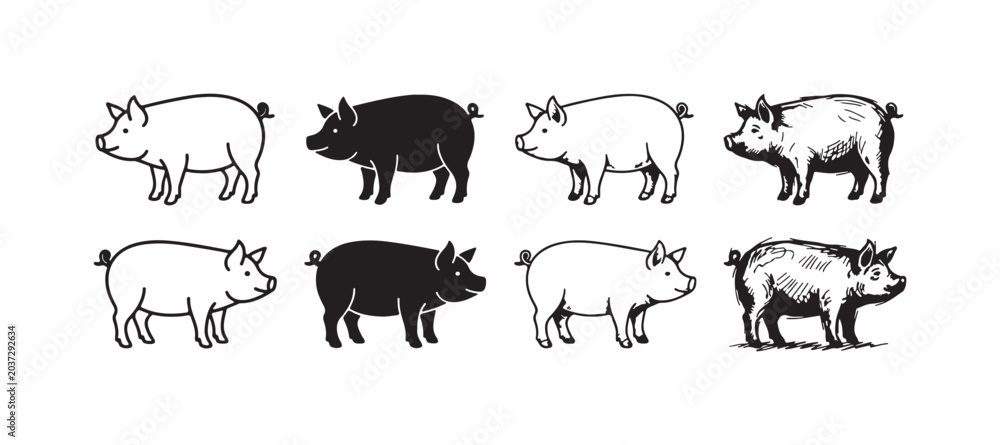 Obraz premium Eight stylized pig illustrations in a grid, showcasing outline, silhouette, and various hand-drawn sketch styles.