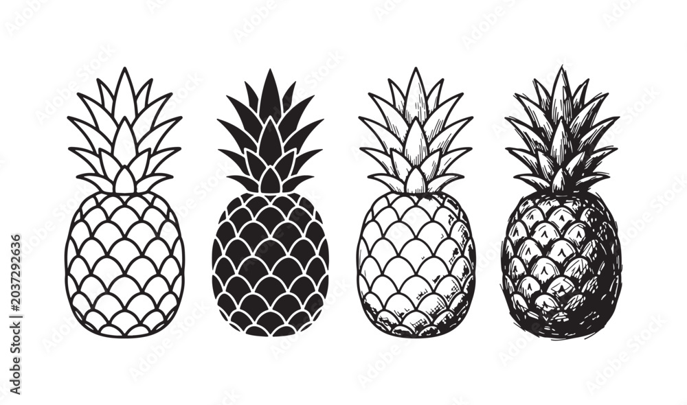 Fototapeta premium Collection of pineapple fruit vector illustrations showing various artistic approaches: linear, solid, and detailed sketches.