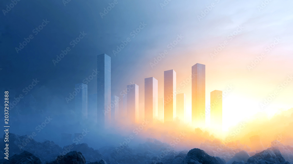 Fototapeta premium Surreal Cinematic Wide Shot of an Ethereal Landscape Featuring Towering Structures Emerging from a Mystical Fog at Sunrise