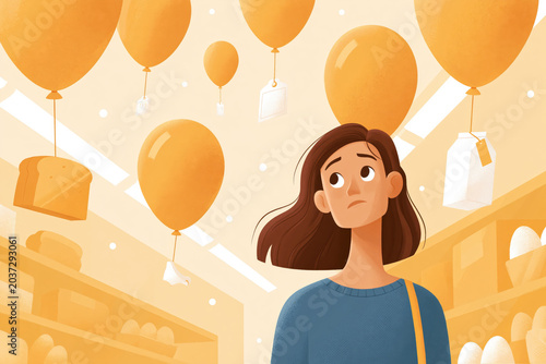 Surreal Concept of a Worried Shopper Observing Floating Grocery Items in a Supermarket Aisle