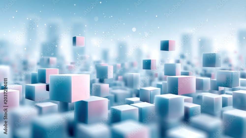 Obraz premium Abstract 3D cubes floating in a soft blue and pink futuristic cityscape background