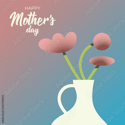 Happy Mother’s Day greeting card with abstract floral bouquet in minimalist vase and soft pastel gradient background.