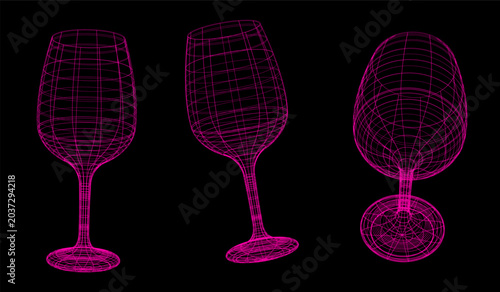 Pink Y2K wireframe wine glasses set on black background, retro futuristic vector illustration