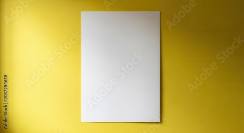 Blank white rectangular canvas frame hanging on a vibrant yellow wall.