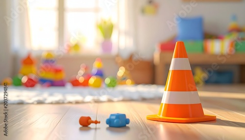 Child's play a traffic cone and toy pieces scattered on a wooden floor