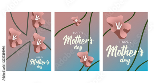 Set of happy mother’s day greeting cards with abstract floral compositions in modern minimal style.