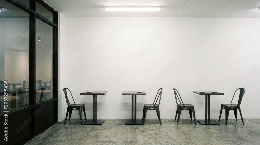 Fototapeta premium Minimalist cafe interior with black chairs and tables against a white wall.