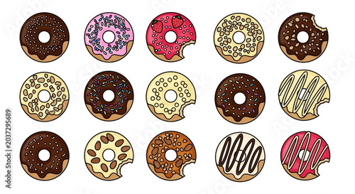 Variety of sweet decorated donuts assortment.