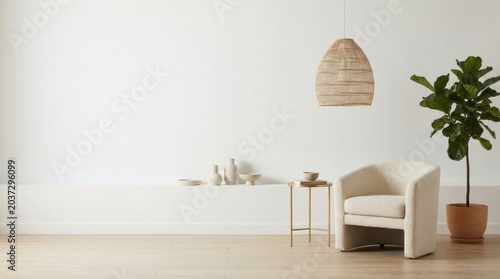 Minimalist interior design with a modern armchair, a plant, and a hanging lamp.