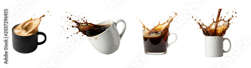 Canvas Print Coffee splashing from mugs dynamic motion on transparent background