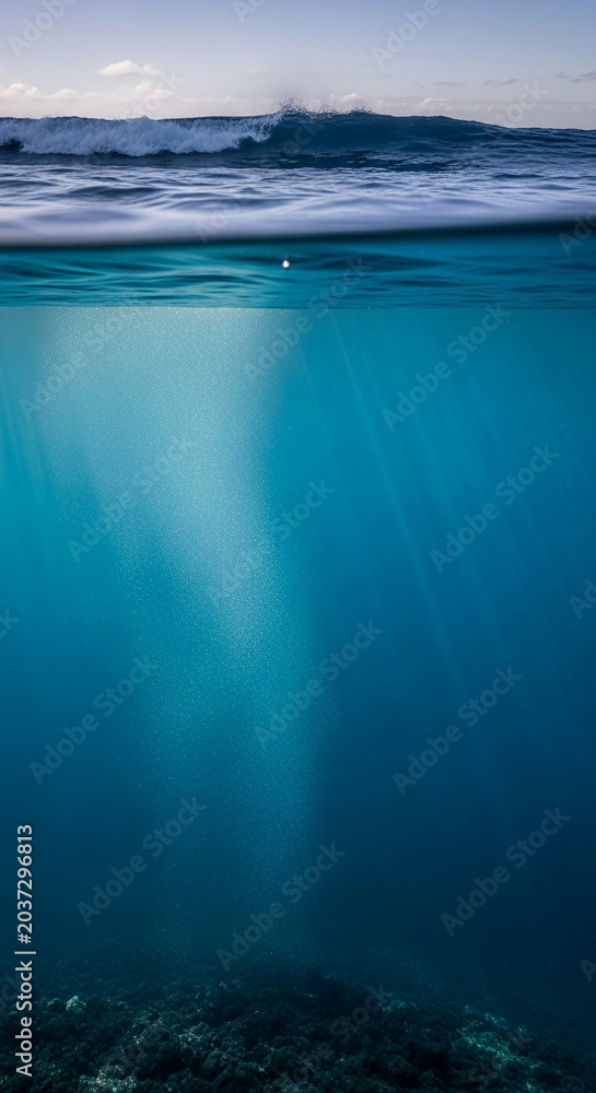 Obraz premium Split shot of a breaking ocean wave above and a sunlit underwater scene with rocky bottom, symbolizing adventure and the duality of nature.