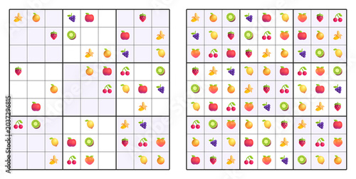 Photos Colorful fruit sudoku puzzle worksheets featuring fruits and vegetables arranged