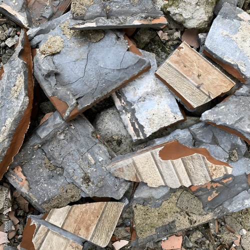 Broken ceramic tiles and concrete rubble pile background. Construction debris with smashed terracotta tiles texture for industrial waste concept.