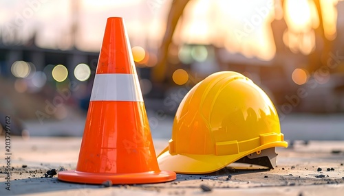 Construction safety equipment including a traffic cone and hard hat at a site