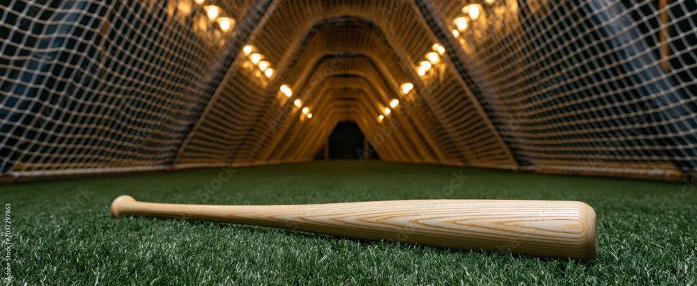 Fototapeta premium Indoor baseball practice tunnel with bat on artificial turf and protective netting under warm lighting.