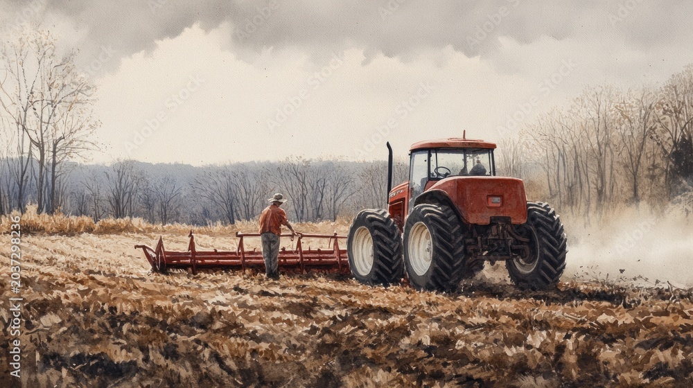 Fototapeta premium Rural scene of a farmer working in a field
