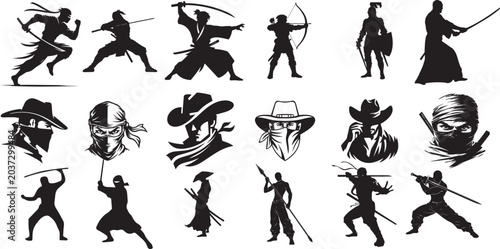 Cuadro en lienzo Samurai warrior silhouettes, ninja icons, sword fighter graphics, black vector i