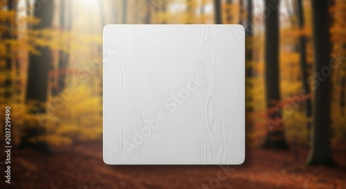 Blank white square with rounded corners on a blurred autumn forest background with warm sunlight.
