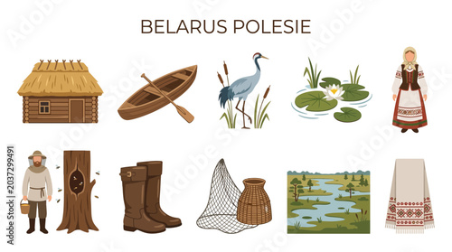Bild auf Leinwand Belarusian Polesia Region Traditional Life and Nature Elements Collection