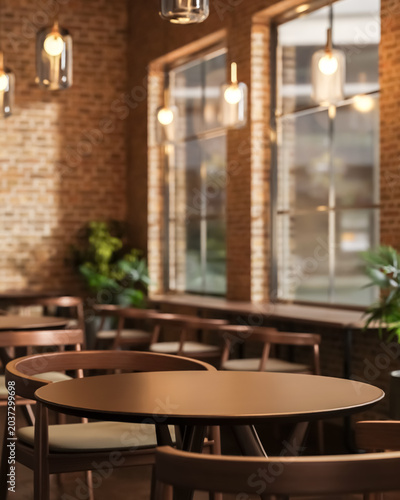 Empty round wooden tables and chair under hanging glass lamp in bricks wall room at cafe restaurant.