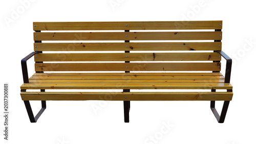 Cuadro en lienzo A classic outdoor bench made of light brown wood with a dark metal frame sits on a white background