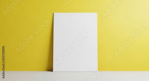 Blank white vertical picture frame mockup leaning against a vibrant yellow wall.