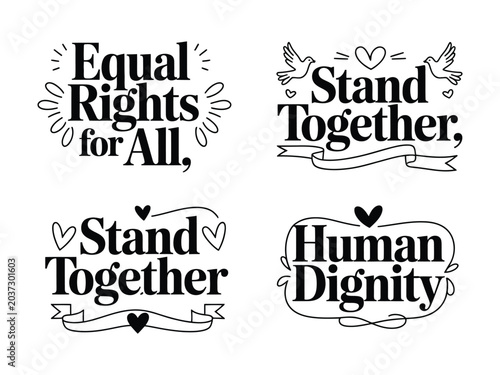 Bilde på lerret Collection of four distinct handdrawn lettering designs promoting social justice